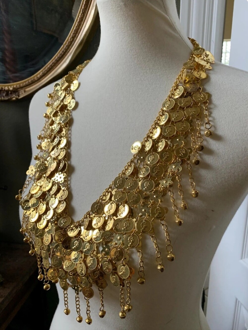 ​Statement Gold Coin Drape Necklace Festival Belly Dance Costume Top Fringe